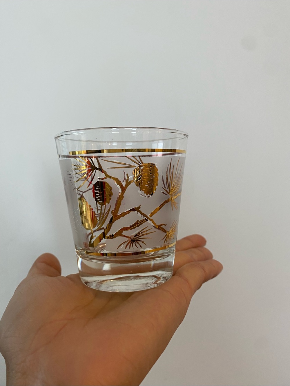 Vintage Libbey Glasses, Frosted Pine Cones, 22K Gold Barware, Set of 3